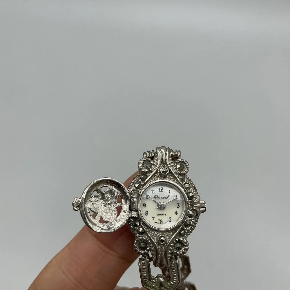 Asireck Marcasite Watch Women 18mm Silver Tone Hidden Dial New Battery 6.25